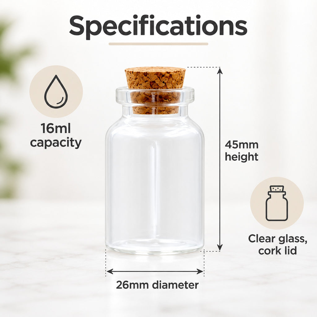 Mini glass jars specifications: 16ml capacity, 45mm height, 26mm diameter, cork lid