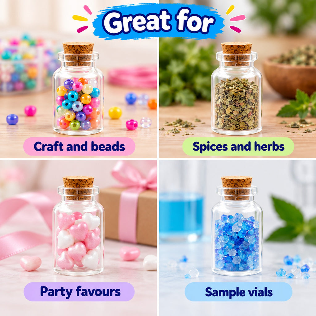 Mini glass jars for craft and beads, spices and herbs, party favours and sample vials