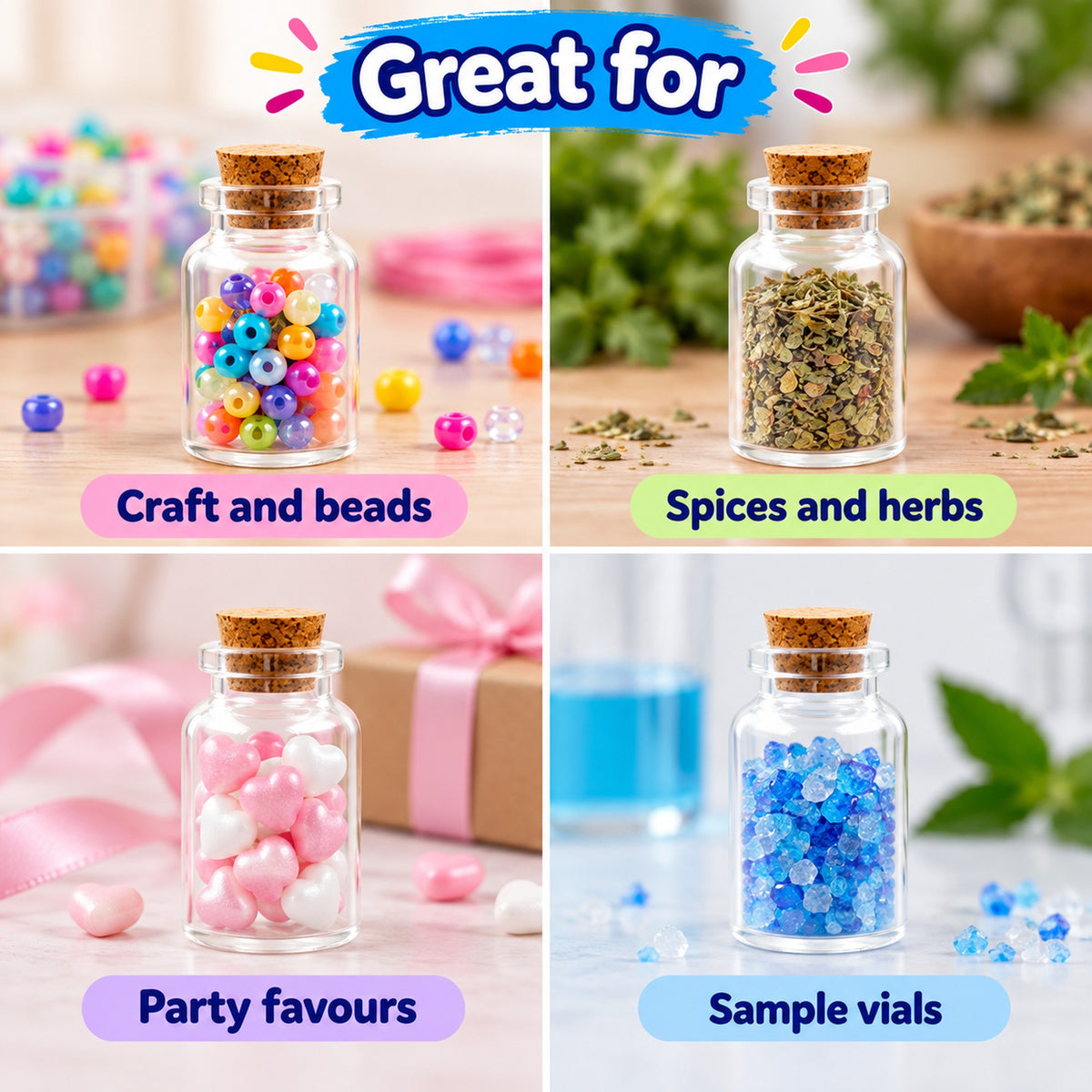 Mini glass jars for craft and beads, spices and herbs, party favours and sample vials