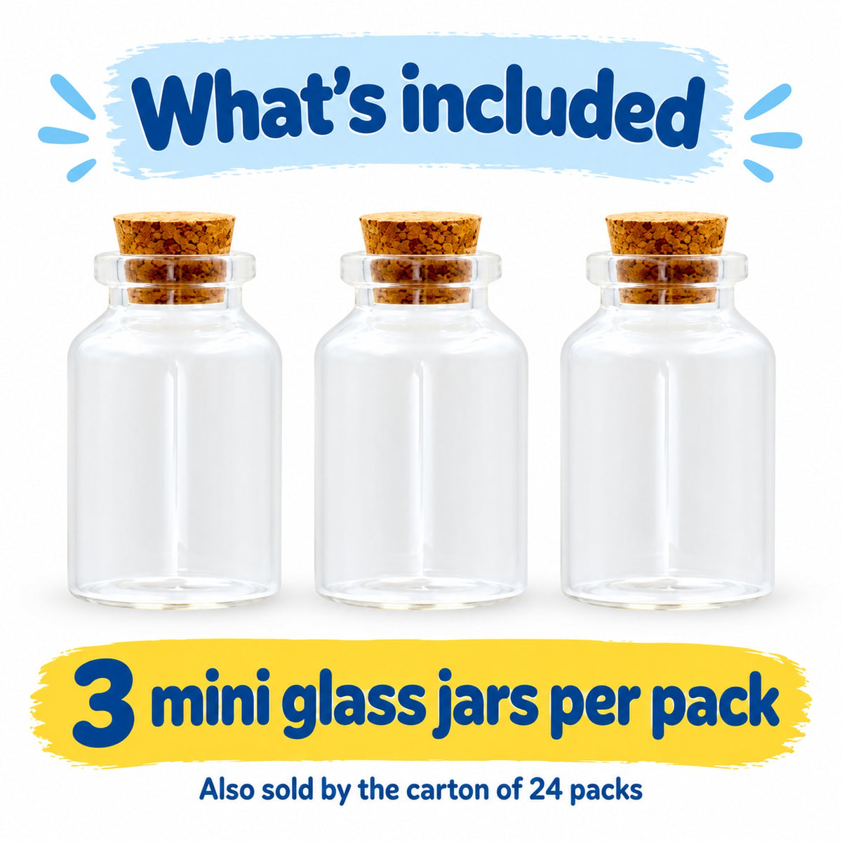 Pack of 3 mini glass craft jars with cork lids, also sold by the carton of 24 packs