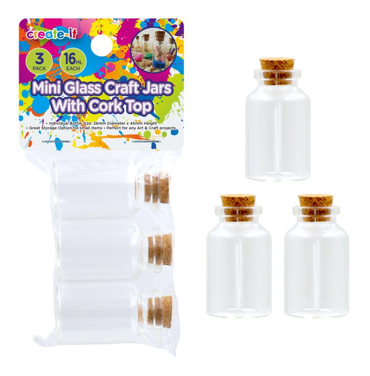 3PK Mini Glass Craft Jars W/Cork Top-16ML-45MM X 27MM (D)