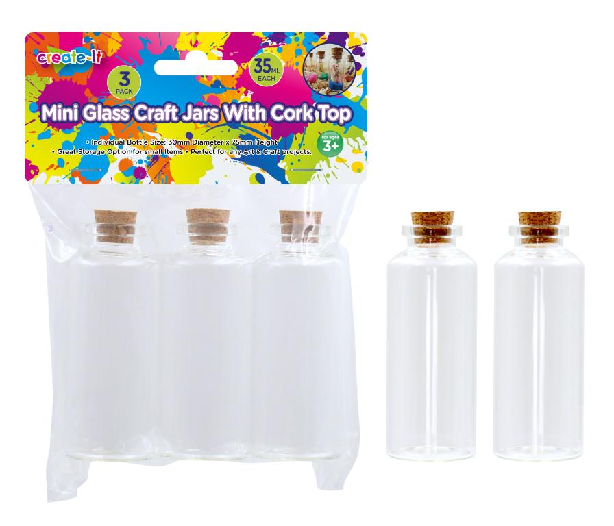 3PK Mini Glass Craft Jars W/Cork Top-35ML-30MM X 75MM (D)