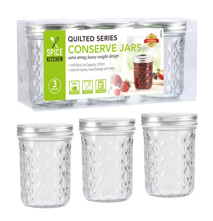 3PK 220ML Quilted Style Glass Conserve Jars