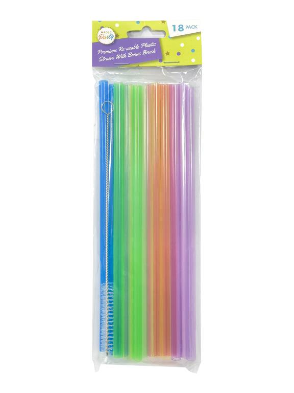 18PK Re-Usable Plastic Straws W/Cleaning Brush - Pastel Colour Series