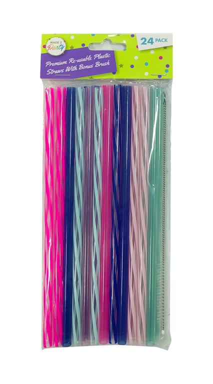 24PK Re-Usable Plastic Straws W/Cleaning Brush - Striped & Pastel Series