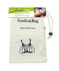Cream fabric garlic storage bag with garlic print, drawstring top and zippered side, 24x17cm, keeps garlic fresh