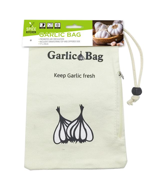 Cream fabric garlic storage bag with garlic print, drawstring top and zippered side, 24x17cm, keeps garlic fresh