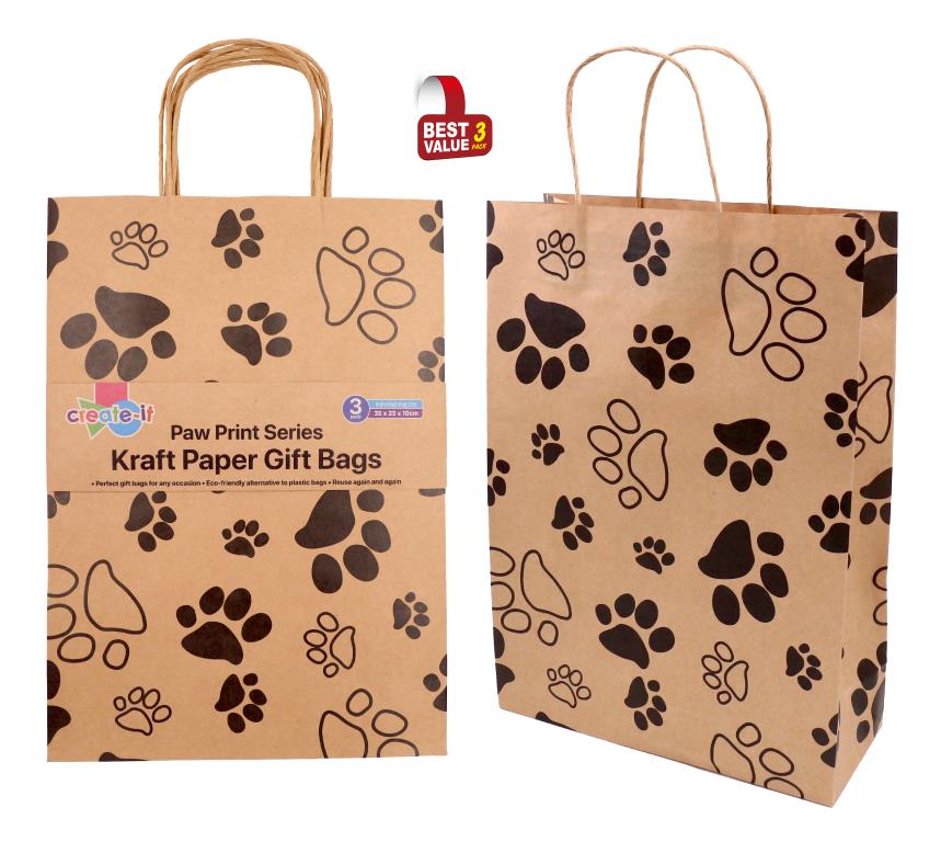 Craft Gift Bags - Paw Print Series - 35CM X 25CM  X 10CM- 3PK