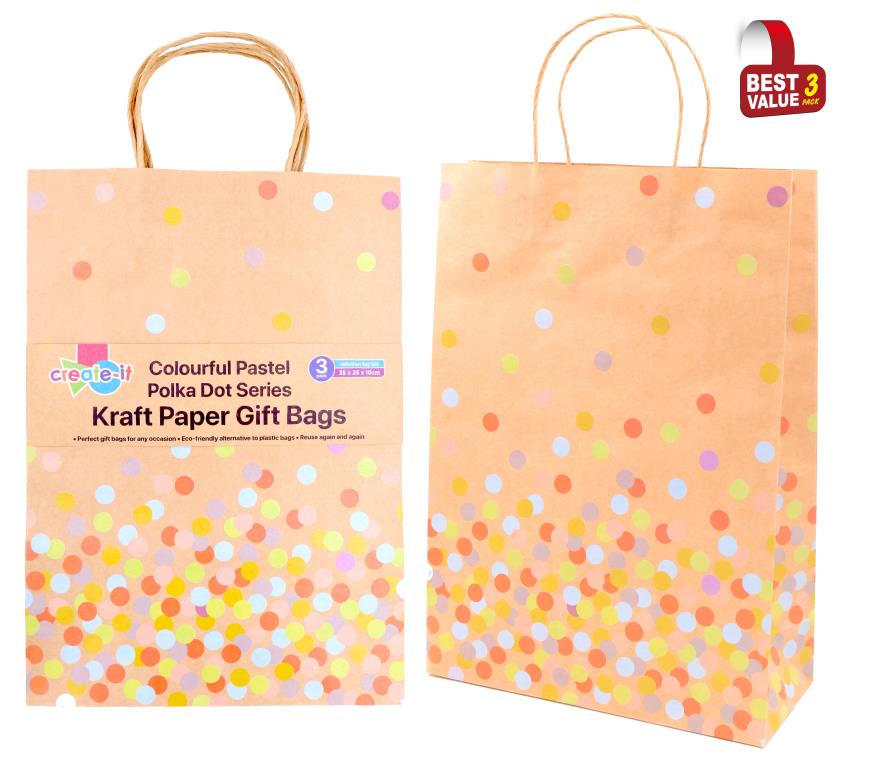 Craft Gift Bags - Colourful Pastel Polka Dot Series - 35CM x 25CM x 10CM - 3PK (D)