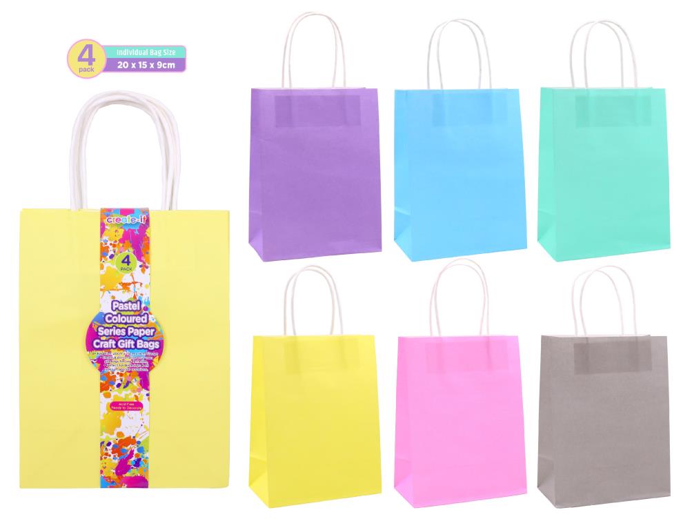 Craft Gift Bags - Pastel Coloured Series - 20CM x 15CM x 9CM - 4PK