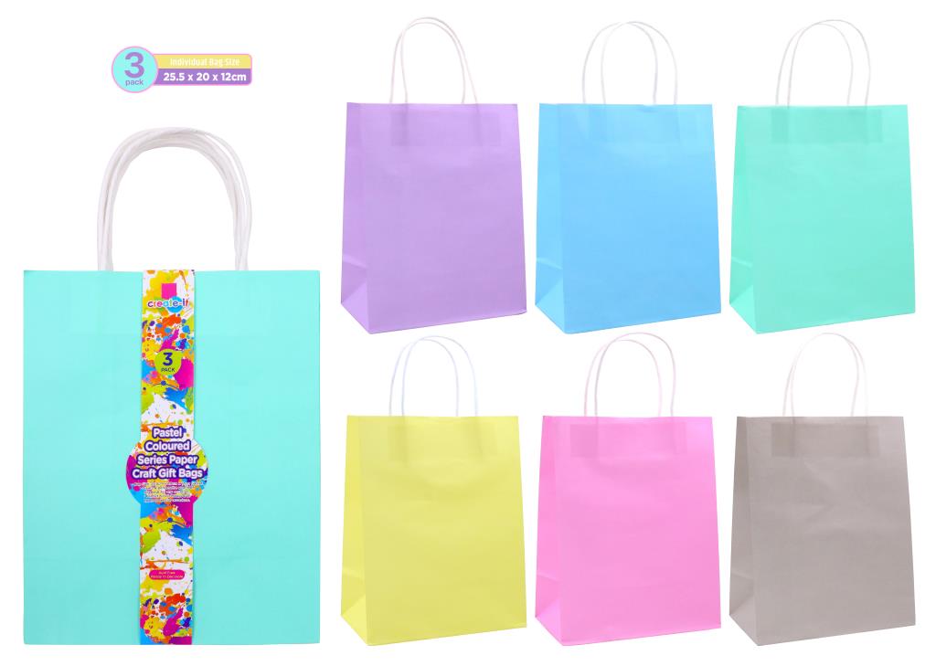 Craft Gift Bags - Pastel Coloured Series - 25.5CM x 20CM x 12CM - 3PK