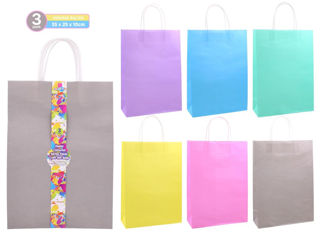 Craft Gift Bags - Pastel Coloured Series 35CM x 25CM x 10CM - 3PK