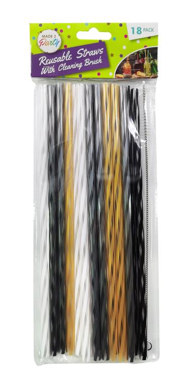 18PK Re-usable Straws with Cleaning Brush- 25CM Striped Series