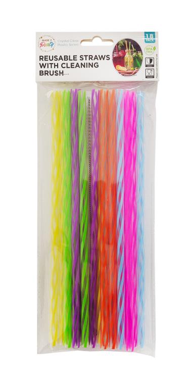 18PK Re-Usable Straws with Cleaning Brush - 25CM Striped MultiColored Series