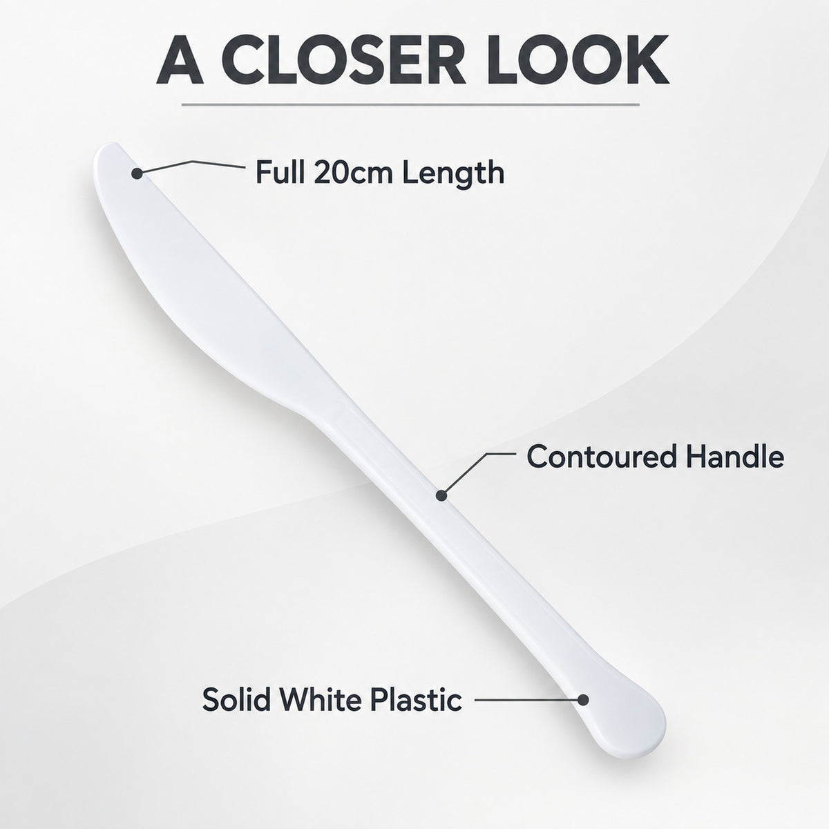 Close-up of a white plastic knife showing the full 20cm length and contoured handle