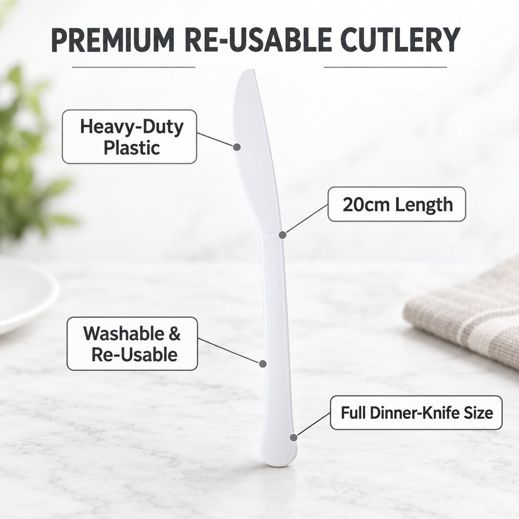 Plastic knives features: heavy-duty plastic, 20cm full dinner-knife size, washable and re-usable