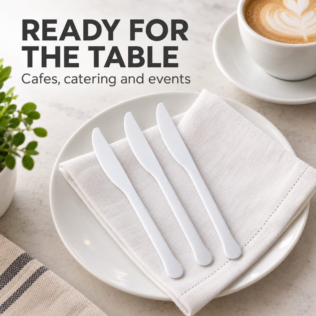 Reusable plastic knives at a cafe table setting, ideal for catering and events