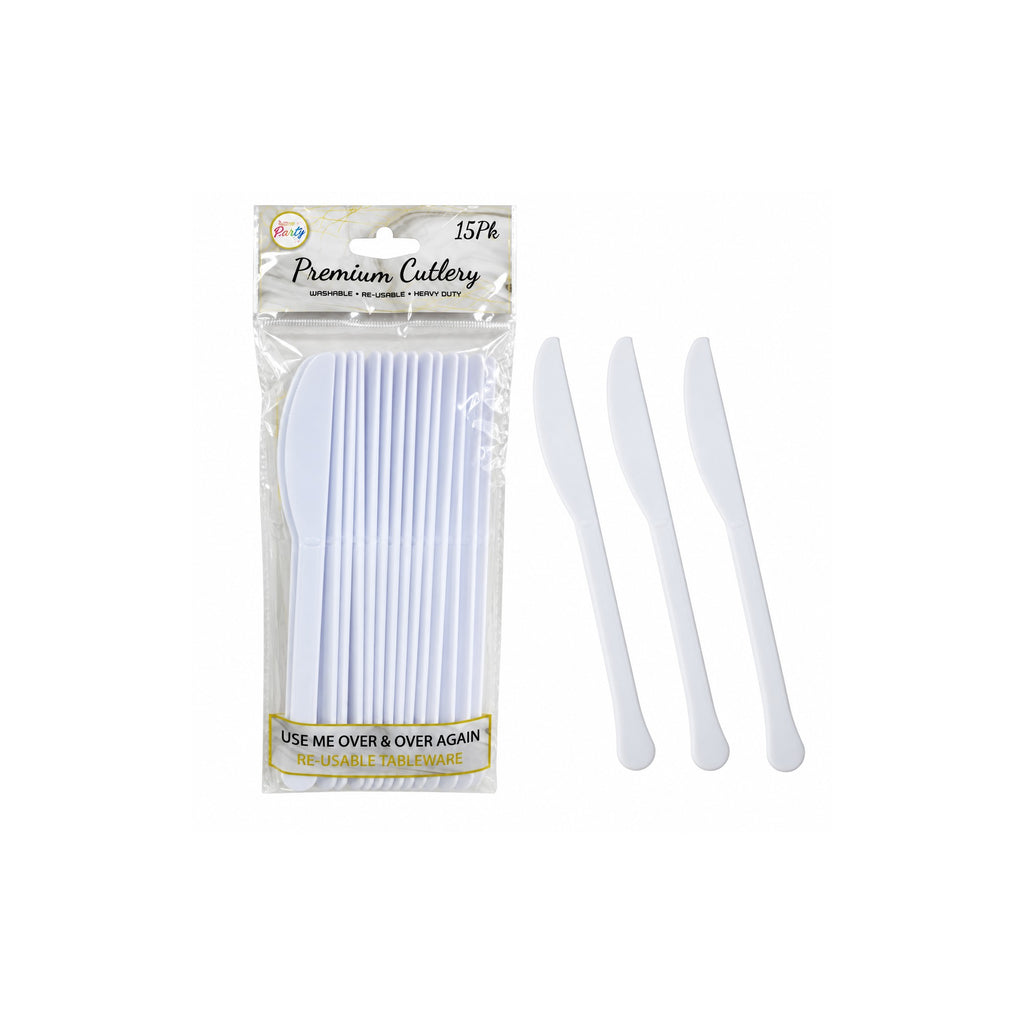 White plastic party knives 15-pack retail pack with loose knives, on a white background