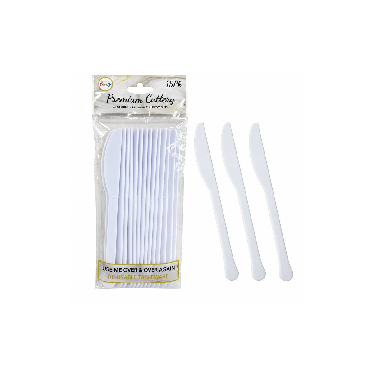 White plastic party knives 15-pack retail pack with loose knives, on a white background