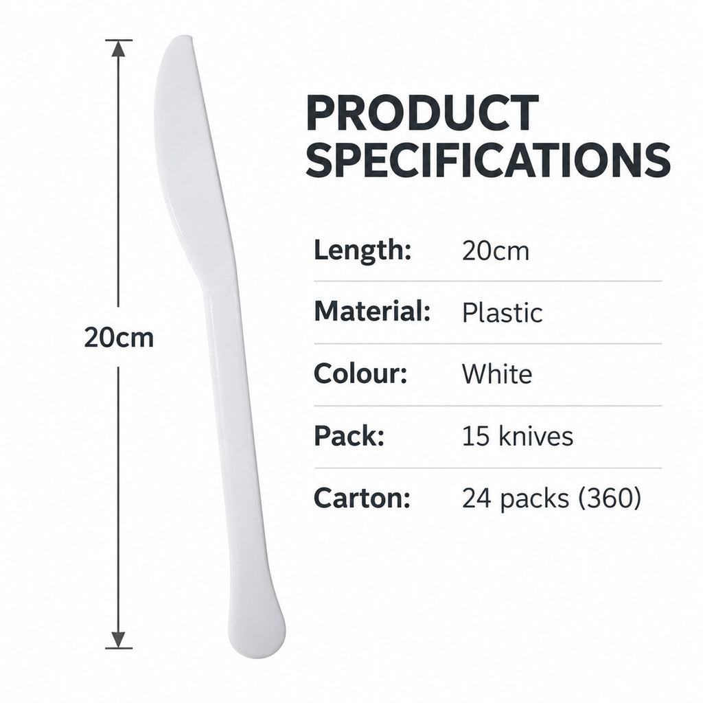 Plastic knives specifications: 20cm length, white plastic, 15 per pack, 24 packs per carton