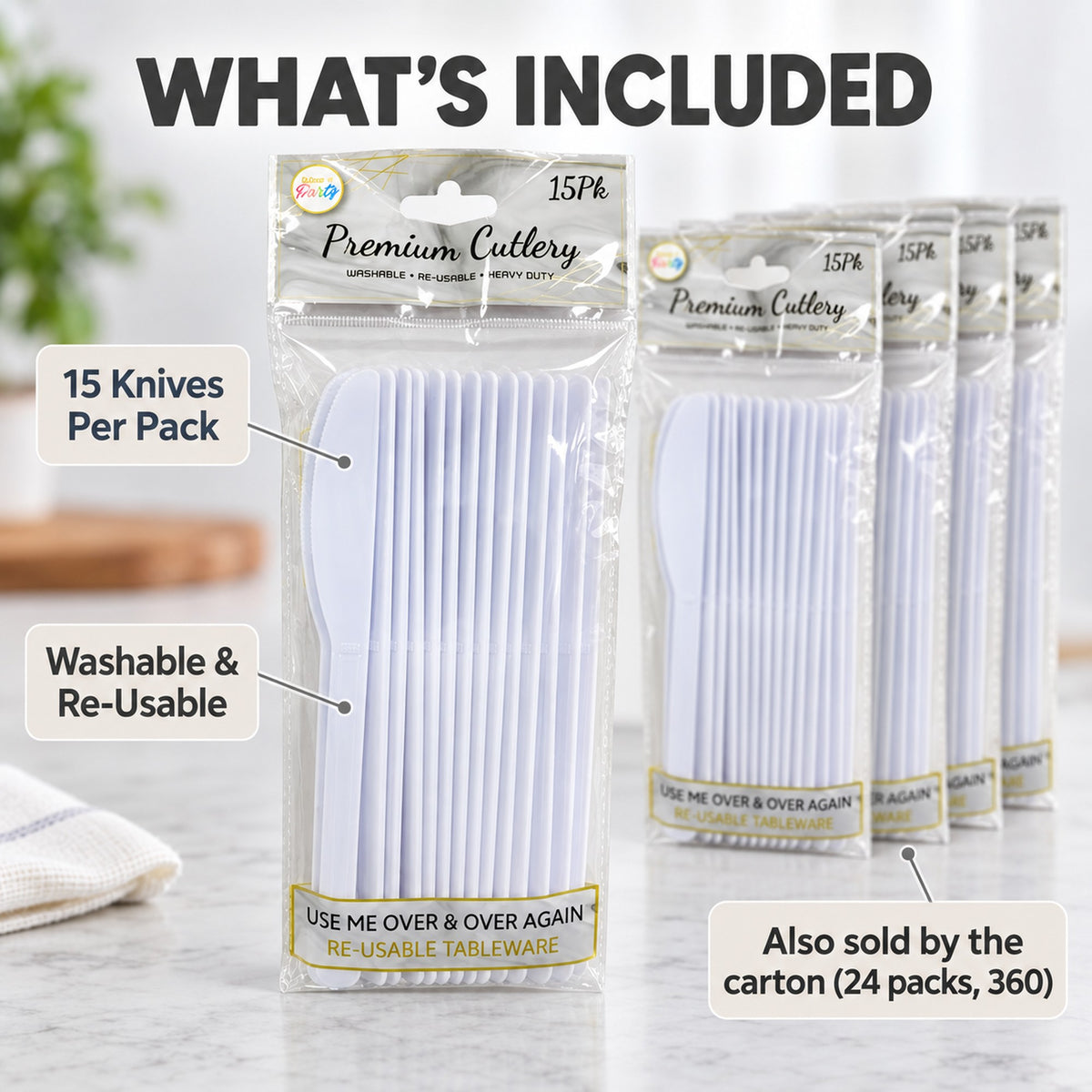 Plastic knives 15 per pack, also sold by the carton of 24 packs (360 knives)