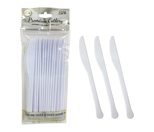 White reusable plastic party knives 20cm, 15-pack - wholesale catering cutlery