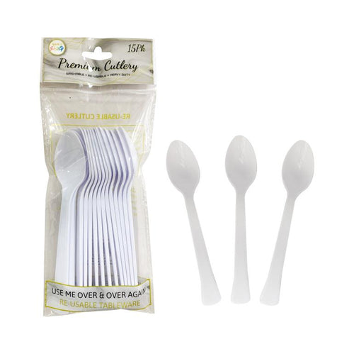 White reusable plastic party spoons 17cm, 15-pack - wholesale catering spoons Melbourne