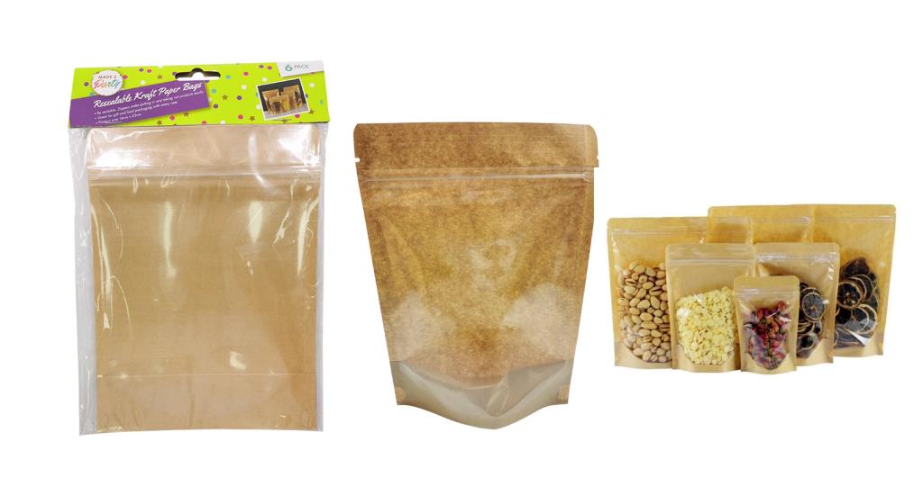 6PK Resealable Kraft Paper Bags with Full Window - 16CM x 22CM