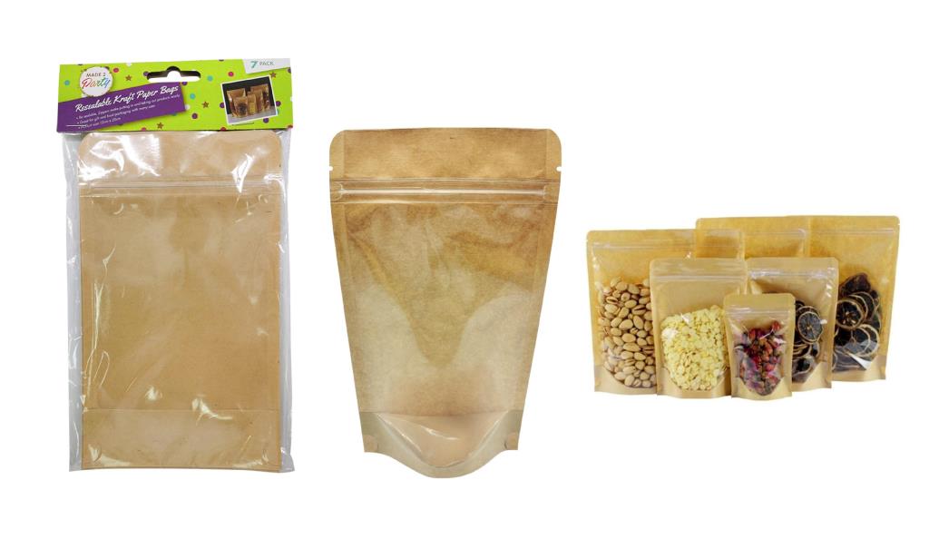 7PK Resealable Kraft Paper Bags with Full Window - 12CM x 20CM