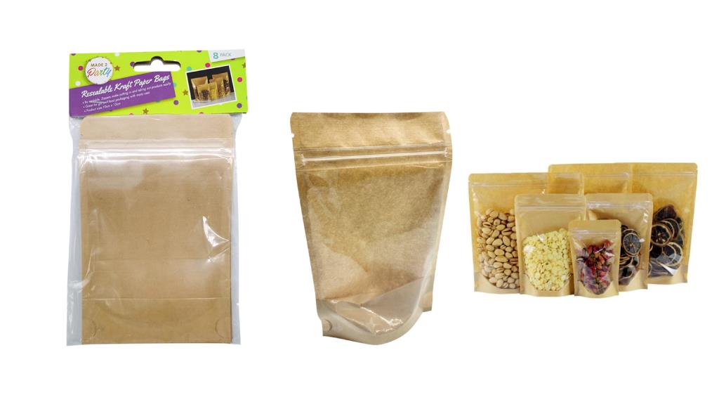 8PK Resealable Kraft Paper Bags with Full Window - 10CM x 15CM