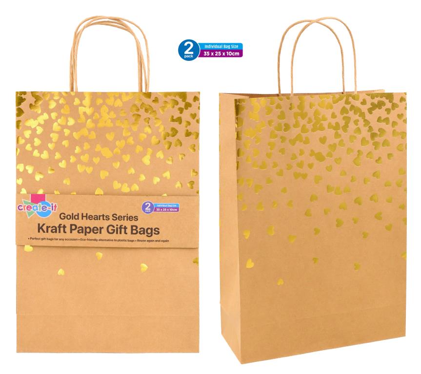 Craft Gift Bags (Brown) - Rose Gold Heart Series - 35CM x 25CM x 10CM- 2PK (D)