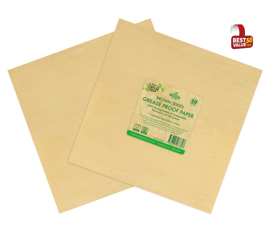 50PK 100% Biodegradable Brown Series Grease Proof Paper - 25CM x 25CM