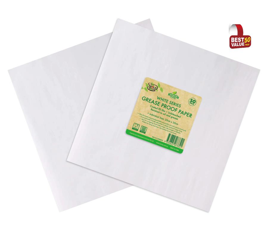 50PK PE Coated White Series Grease Proof Paper - 25CM X 25CM
