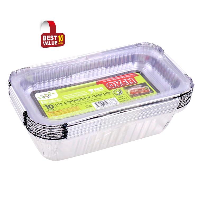 Foil Trays Rectangular Series W/Clear PVC Lids (10PK) 200MM X 110MM X 50MM
