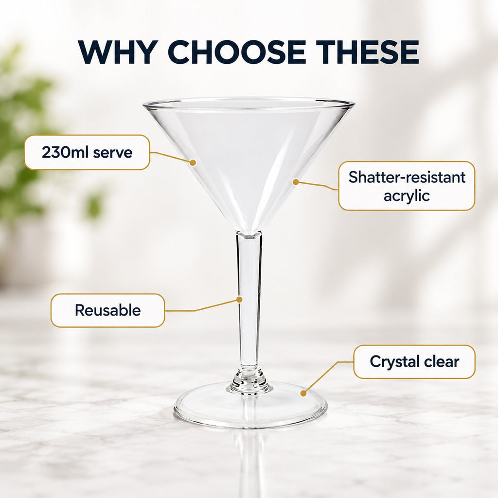 Plastic martini glass features: 230ml serve, shatter-resistant acrylic, reusable, crystal clear