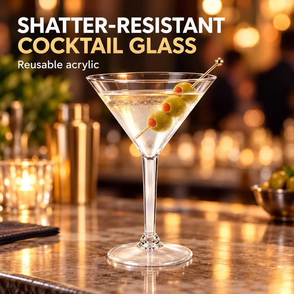 Plastic martini glass holding a garnished cocktail on a bar, shatter-resistant reusable acrylic