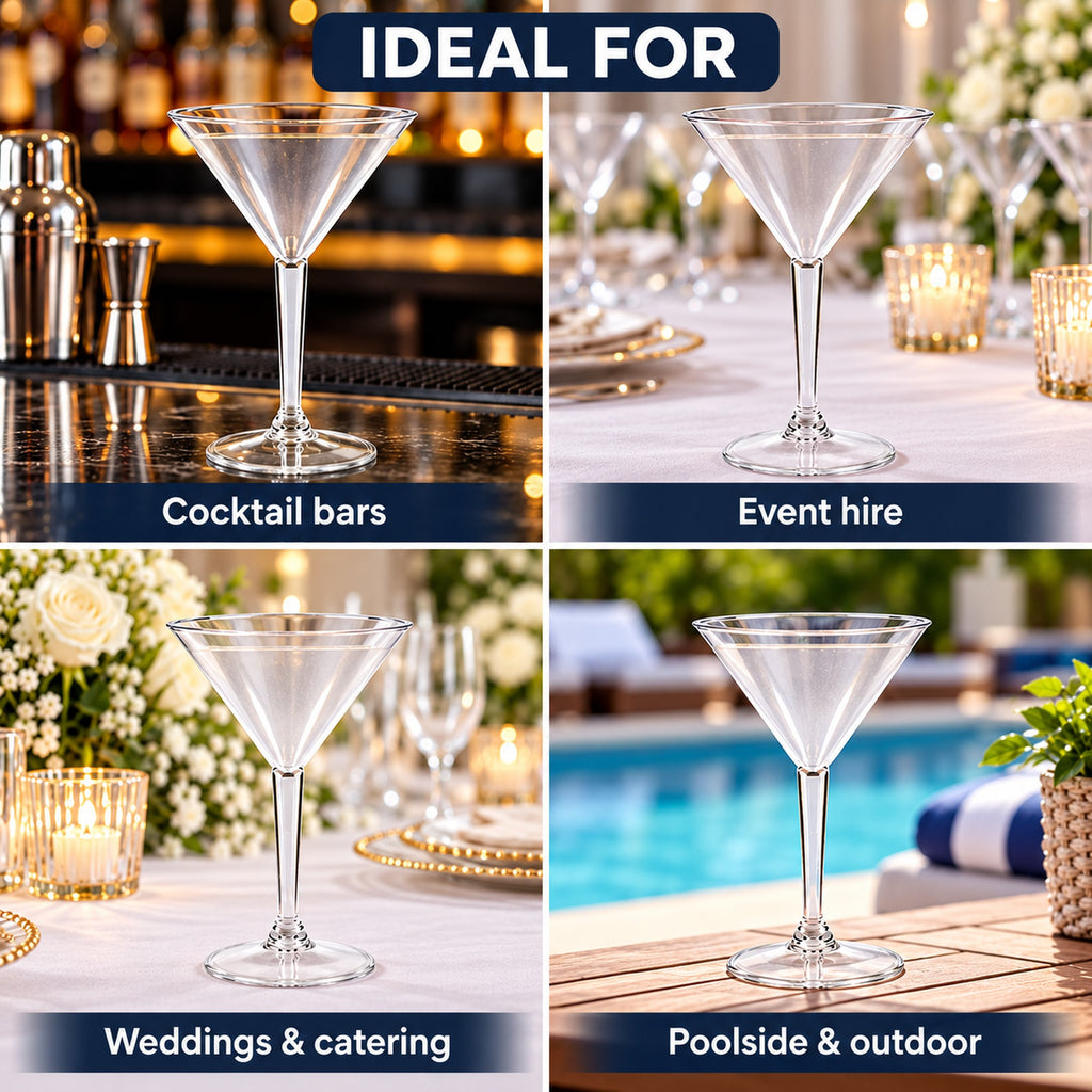Acrylic martini glasses for cocktail bars, event hire, weddings and catering, poolside and outdoor service
