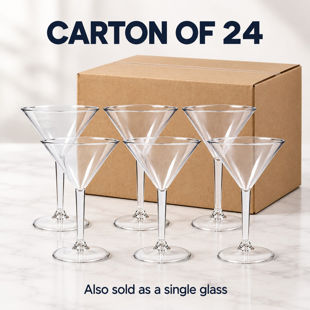 Plastic martini glasses sold by the carton of 24, also available as a single glass