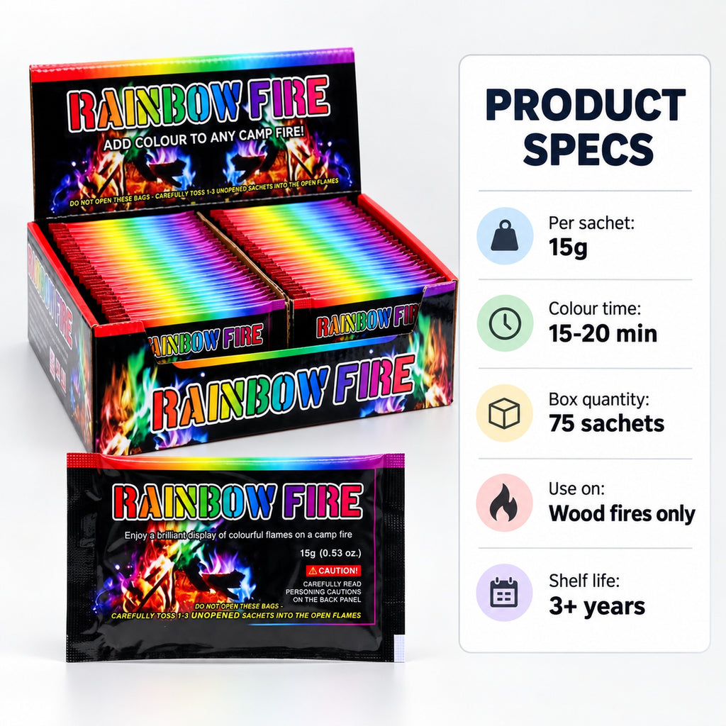 Fire colour changer specs: 15g sachet, 15-20 min colour, box of 75, wood fires only
