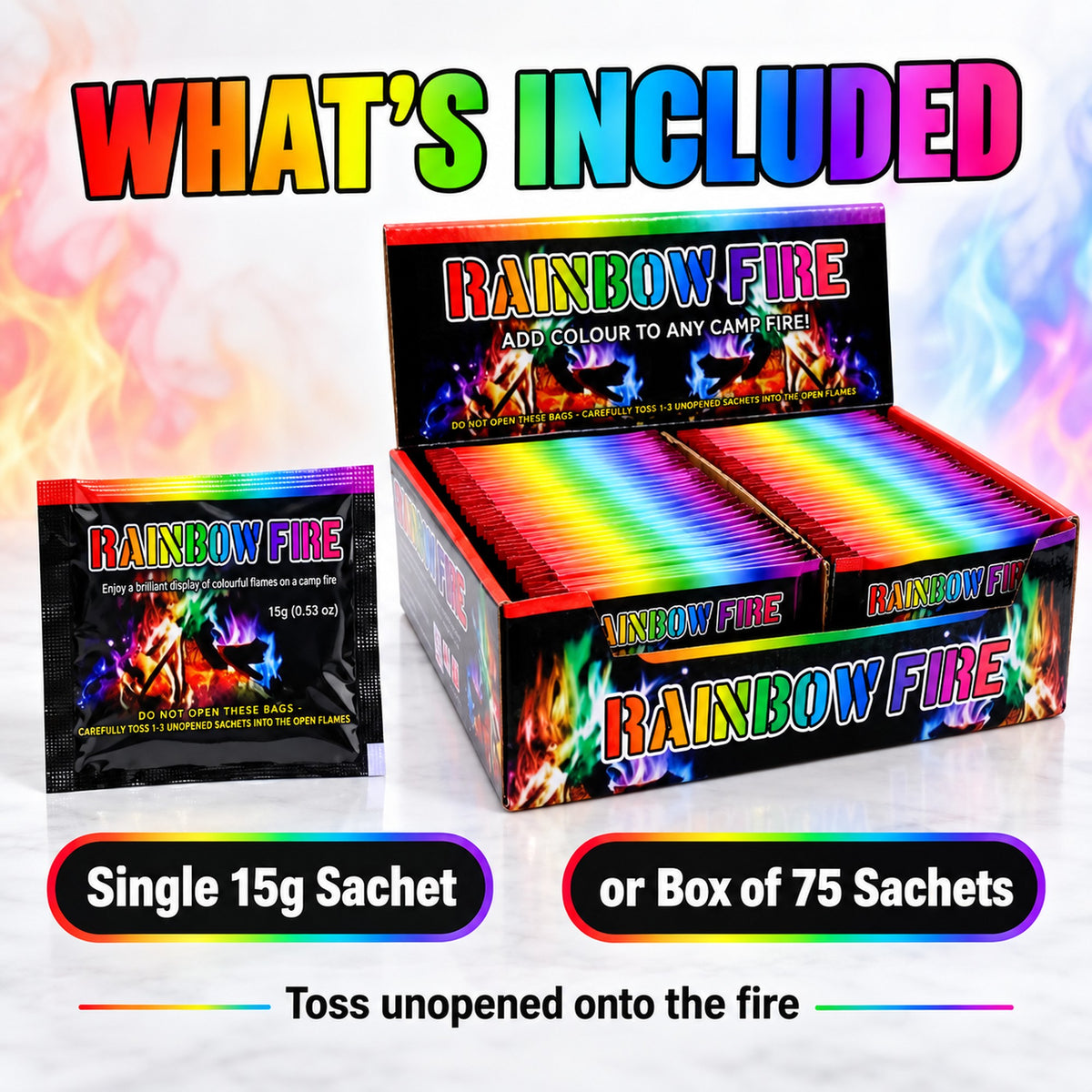 Fire colour changer sold as a single 15g sachet or a box of 75; toss unopened onto the fire