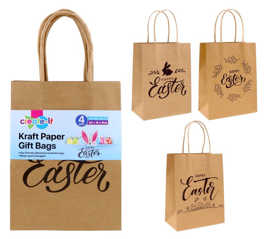 4PK Craft Gift Bags-Brown Easter Series-20CM x 15CM x 9CM (D)