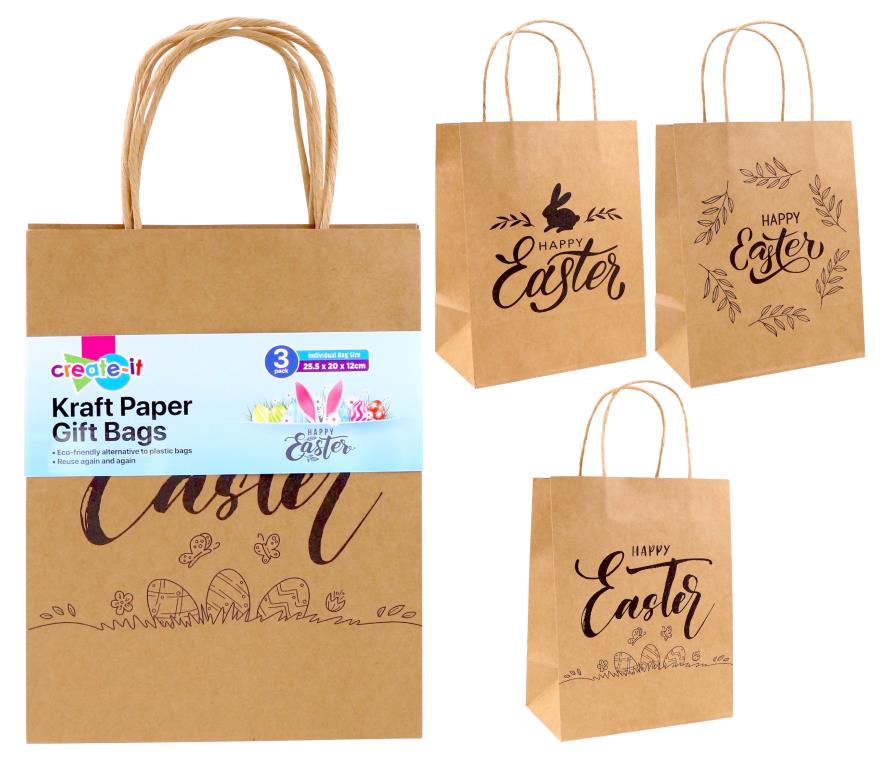 3PK Craft Gift Bags-Brown Easter Series-25.5CM x 20CM x 12CM (D)