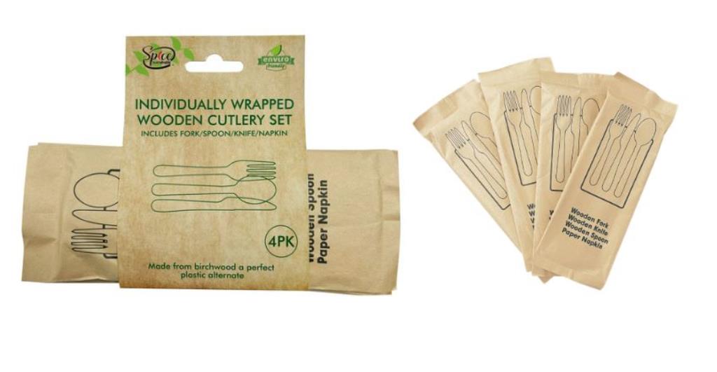 4PK Individually Wrapped ECO Wooden Cutlery set - Includes, Fork, Knife, Spoon & Napkin (D)