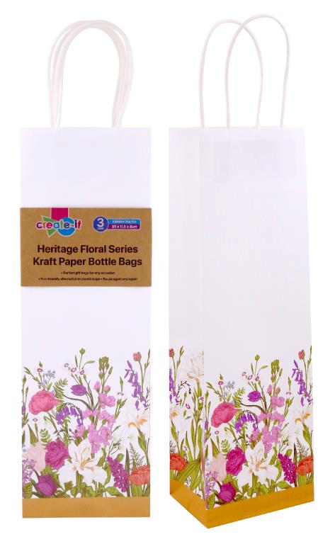 Craft Gift Bags - Heritage Floral Series - 35CM x 11.5CM x 8CM - 3PK (D)