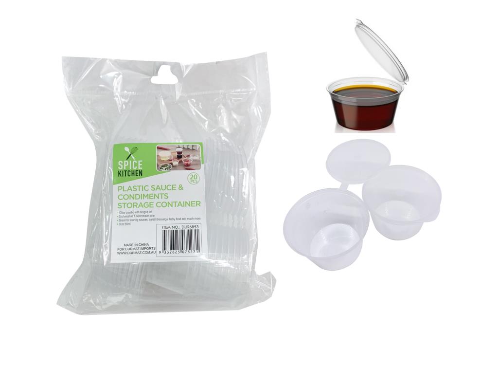 20PK Plastic Sauce and Condiments Storage Container W/ Hinged Lid - 50ML