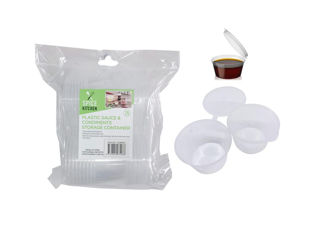 16PK Plastic Sauce and Condiments Storage Container W/Hinged Lid - 100ML