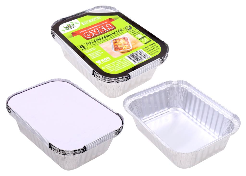 6PK (700ML) Foil Containers W/Lids - 187MM x 138MM x 50MM
