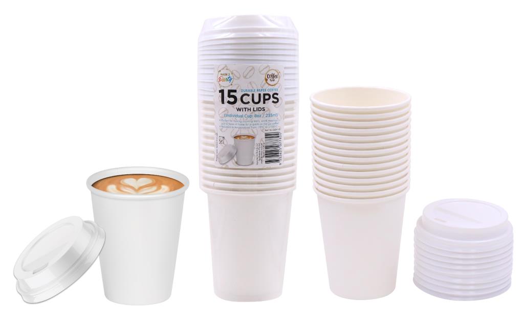 15PK (235ML) Paper Coffee Cups W/Lids