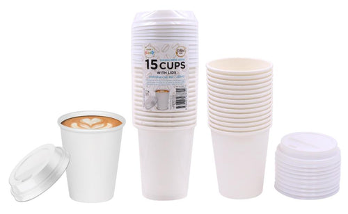 15PK (235ML) Paper Coffee Cups W/Lids