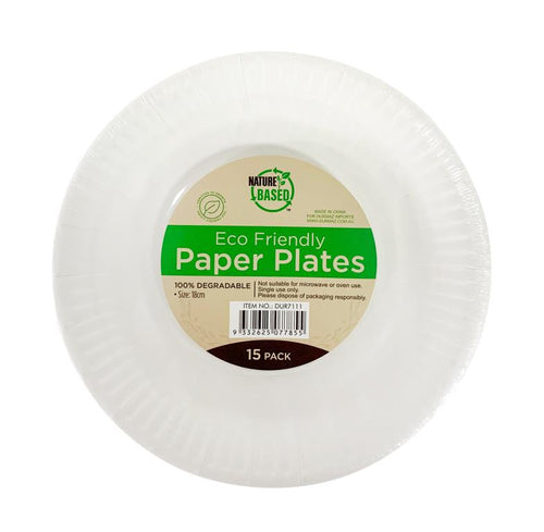 Eco friendly paper plates 18cm pack of 15, degradable white paper plates for catering and events